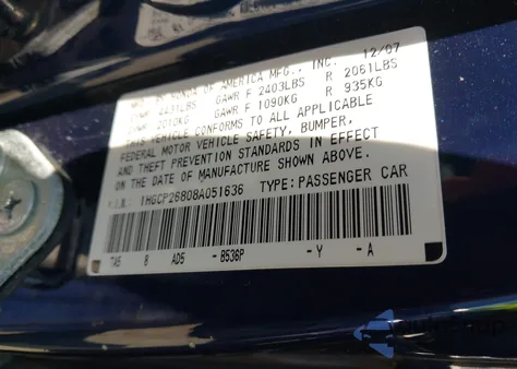 2008 Honda Accord 2.4 Ex-L from USA, damaged, VIN 1HGCP26808A051636